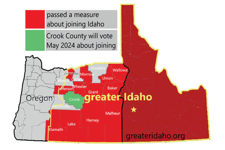 a map of the proposed “Greater Idaho,” from the Greater Idaho Movement’s website (www.greateridaho.org)