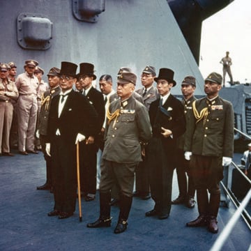 Representatives of the Empire of Japan on board USS Missouri during the surrender ceremonies on September 1945, surrender, Foreign Minister Mamoru Shigemitsu
