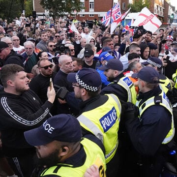 Demonstrators protest to stop a police van leaving Maggie Oliver, National Audit on Group-based Child Exploitation and Abuse, Sir Keir Starmer, Axel Rudakubana,