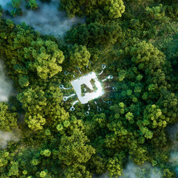 Aerial view of a forest with mist, centering on a glowing 'AI' platform, symbolizing the ecological implications of advancing artificial intelligence. 3d rendering. The Latest Rift in the Democrats’ Coalition: Big Tech vs. Environmentalists