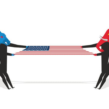 Elephant and donkey pulled american flag. Democrats and Republic An Unpopularity Contest Ahead of Midterms