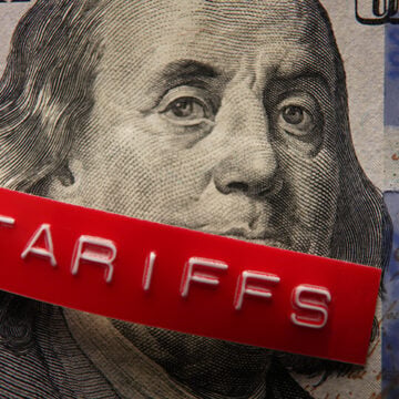 Red Tariffs label on a hundred dollar bill Trump’s Tariffs on Trial