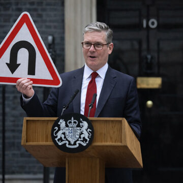 Keir Starmer holding U-turn sign immigration, national ID cards, Overton Window, Western leaders, Rishi Sunak, Boris Johnson, UK politics, Tony Blair, U-turns, Island of Strangers, Keir Starmer,