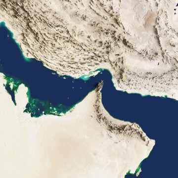 3D rendering of the Strait of Hormuz. Satellite view. Persian Games