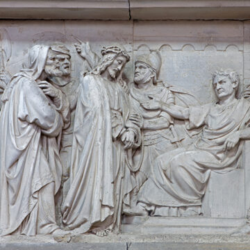 Mechelen - Stone relief Jesus from Pilate Seeking Credentials from Pilate’s University