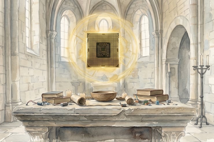 Altar to the new AI deity iRobot, Roomba vacuum cleaner, Colin Angle, Randy Roberts, Silicon Valley, Sal Khan, Khan Academy, Neuralink brain, Palantir, Elon Musk, Alex Karp, Cyborg Theocracy, Ardian Tola, The Religion of Technology,