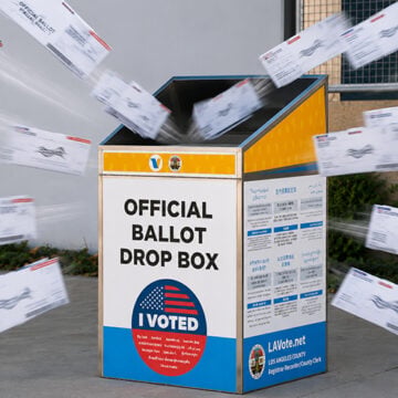 Ballot streaming into Drop Box in LA voter registration, Shirley Weber, Gil Cisneros, California elections, elections, ballot drop boxes, voter fraud, California, voting, Spanish, Chinese, Hindi, Japanese, Khmer, Korean, Tagalog, Thai, Vietnamese,