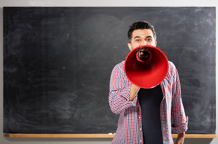 Teacher calling on blackboard. University Professors Against Academic Freedom