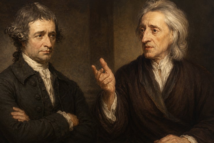 Burke and Locke in discussion _ChatGPT William Blackstone, Eugene Genovese, paleoconservatives, Claremont Institute, Joseph Story, William F. Buckley, Clarence Thomas, Harry Jaffa, Natural Rights, Russell Kirk, James Burnham, Richard Weaver, Robert Nisbet, George Carey, Willmoore Kendall,