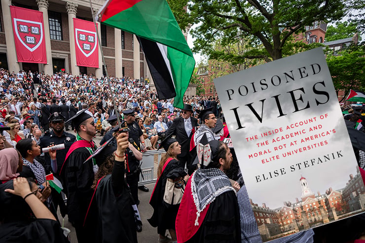 Harvard graduation with Palestinian flag and book jacket Poisoned Ivies, Palestinians, Israel, anti-semitism, academic freedom, college, academia, Universities, Sahar Tartak, Mark Zuckerberg, Pete Buttigieg, Vivek Ramaswamy, President Bill Clinton, Elise Stefanik,