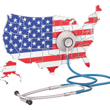 USA map with stethoscope, national health care concept, 3D rendering Prescription for a Socialist Workforce